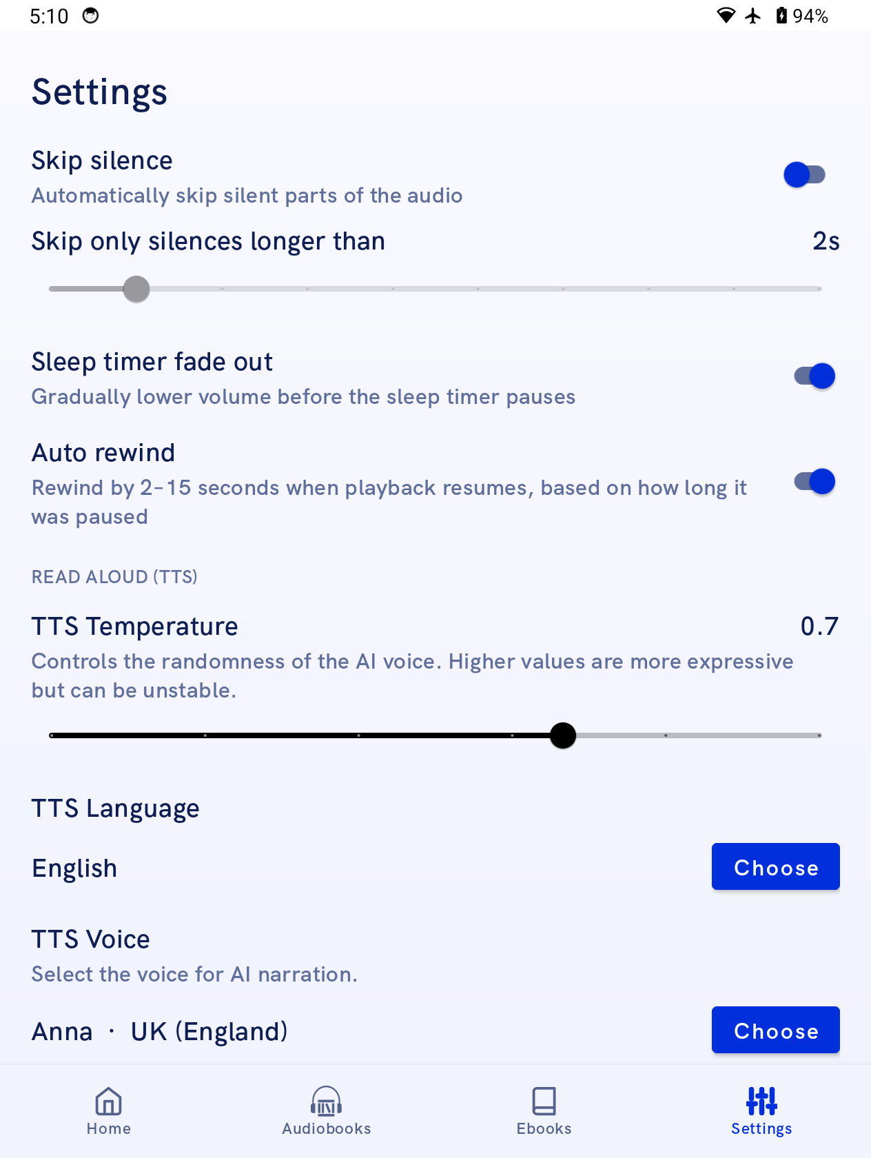 FrostBooks settings screen