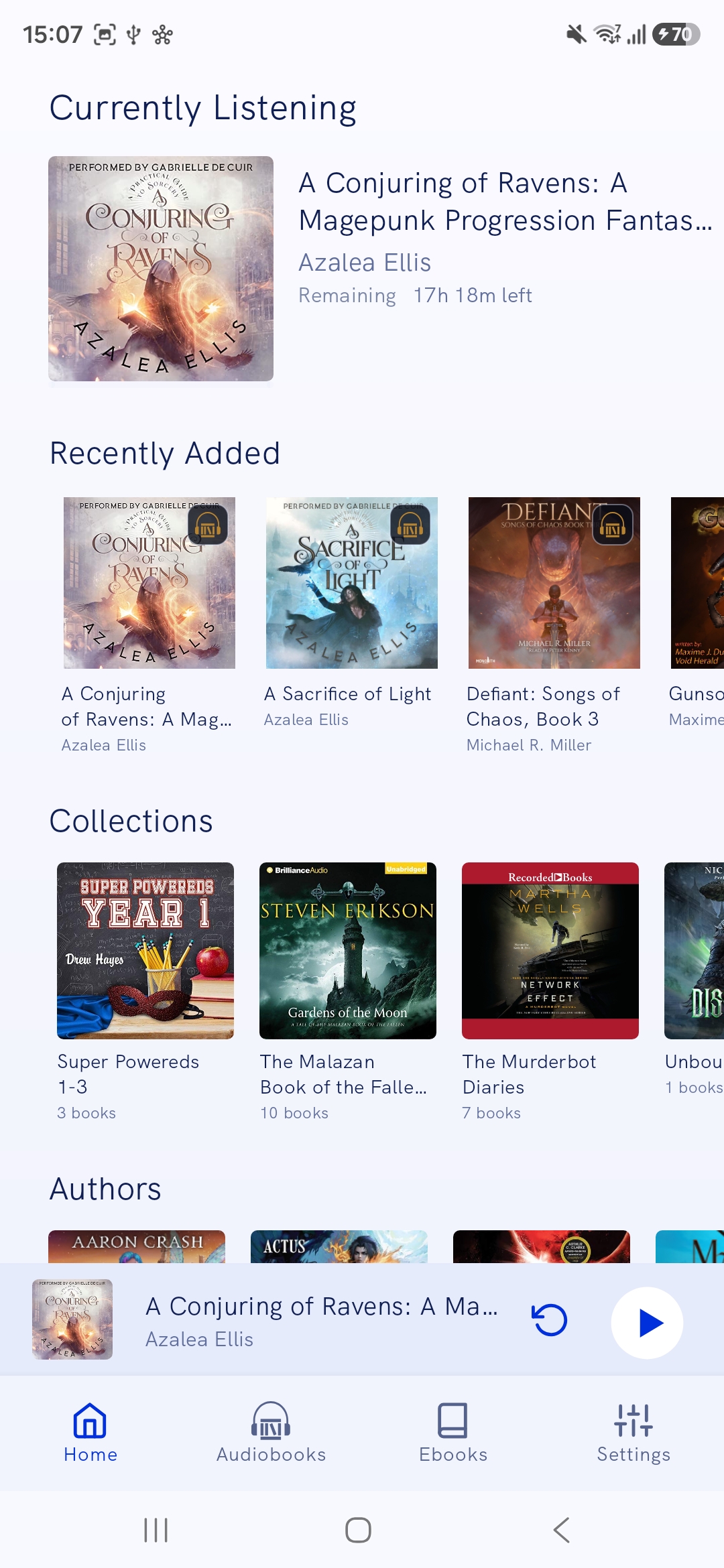 FrostBooks home screen with current listening and book shelves